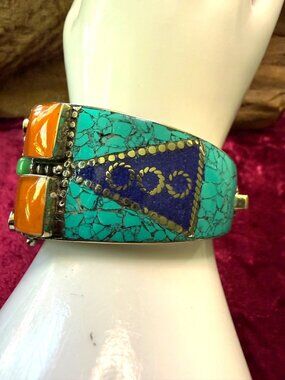 Tibetan Cuff Bracelet Turquoise & Coral Accents Hinged  Silver Tone Size 7.5
